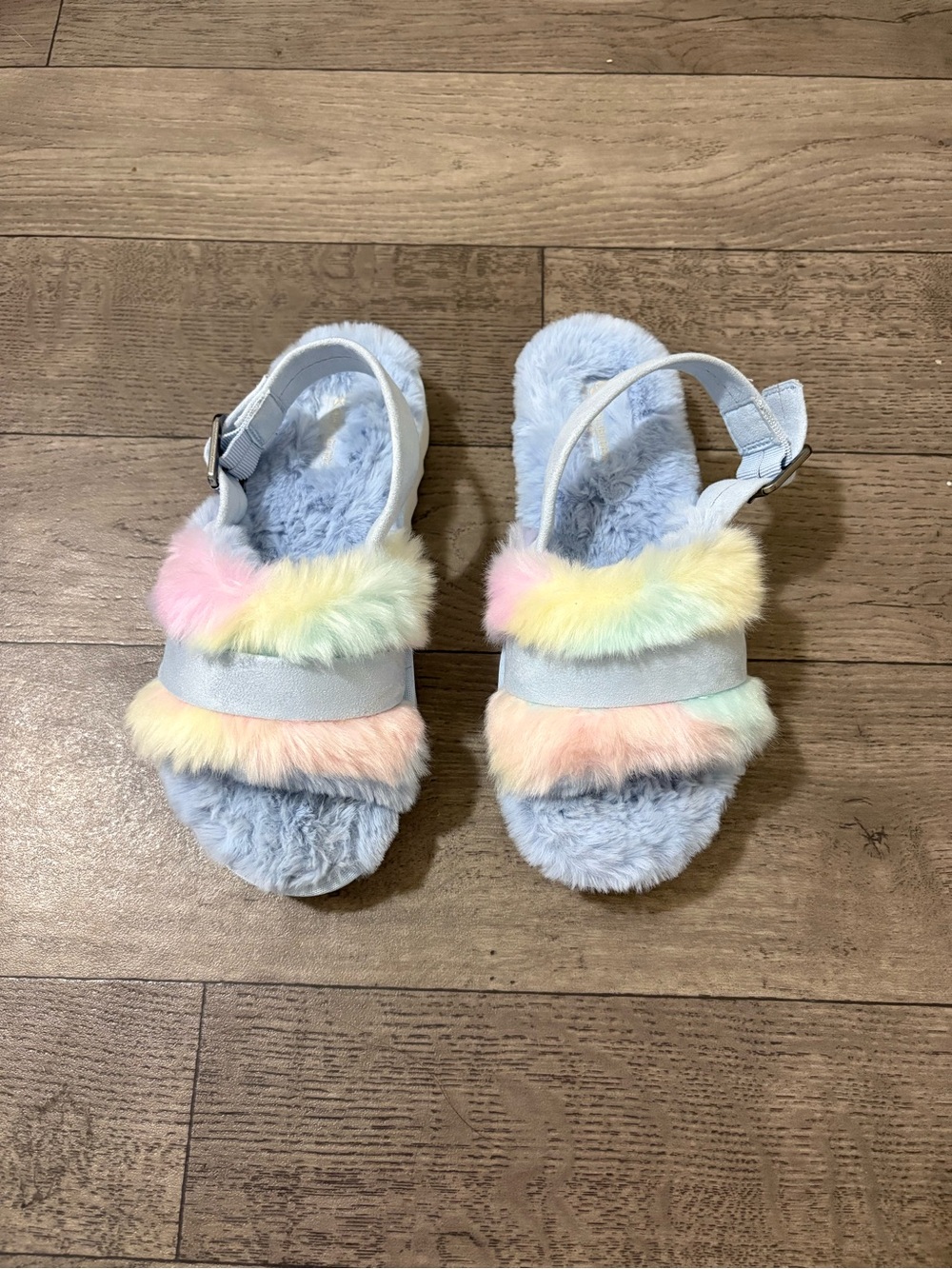 Koolaburra By UGG Pastel Rainbow Faux Fur Slide Sandals NWOT